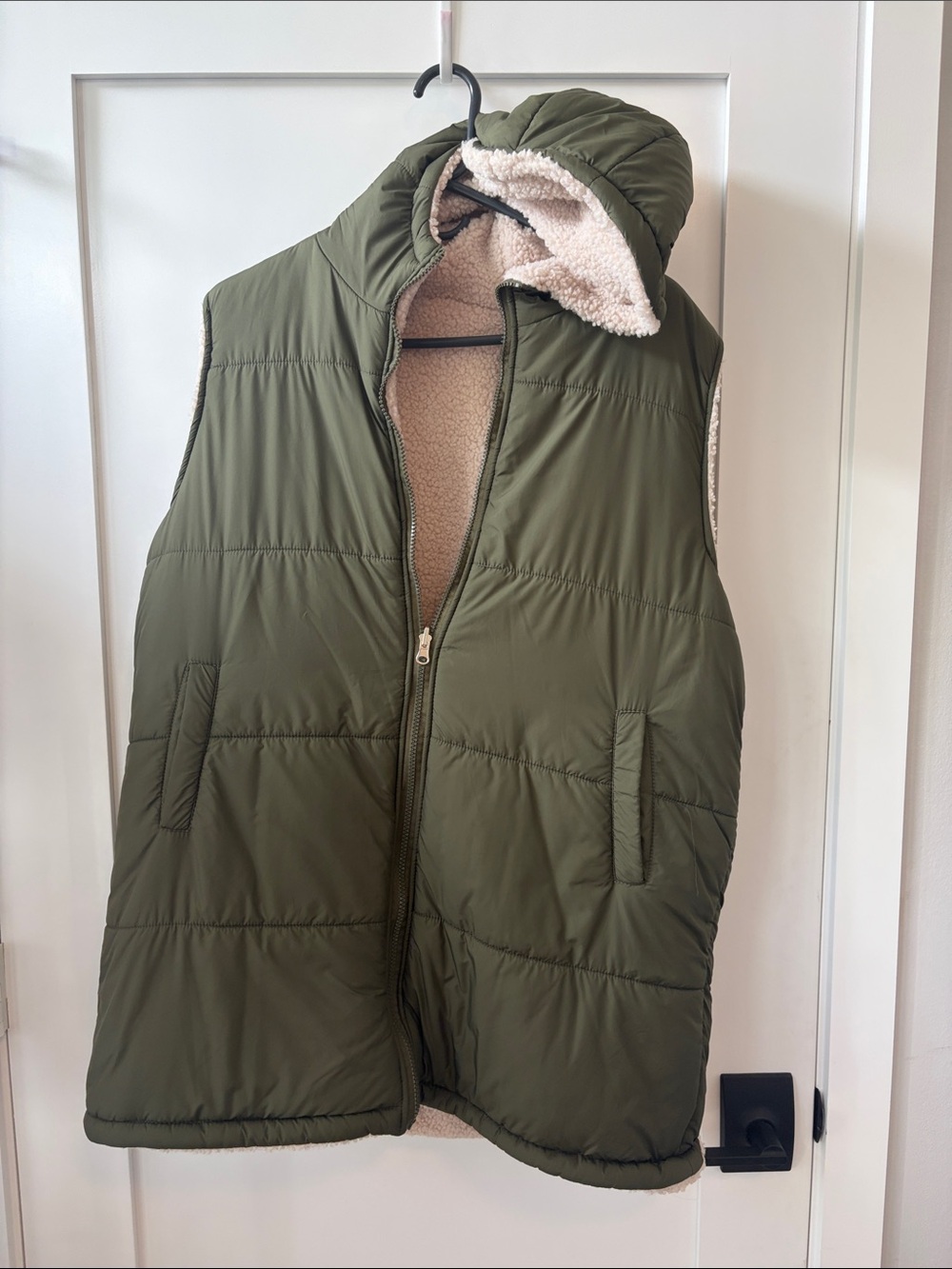 Olive Green Puffer Vest with Sherpa Lining